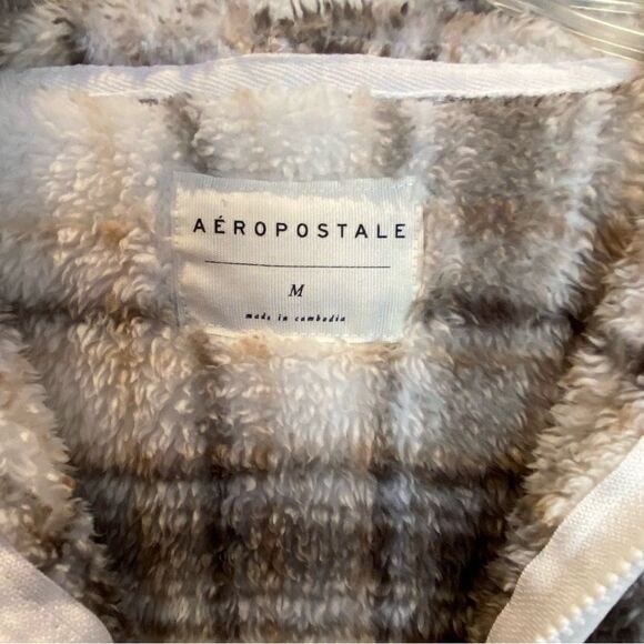 Aeropostale Plaid Pullover Hoodie Sherpa-Style Zip Front Cream Brown Medium - Picture 3 of 7